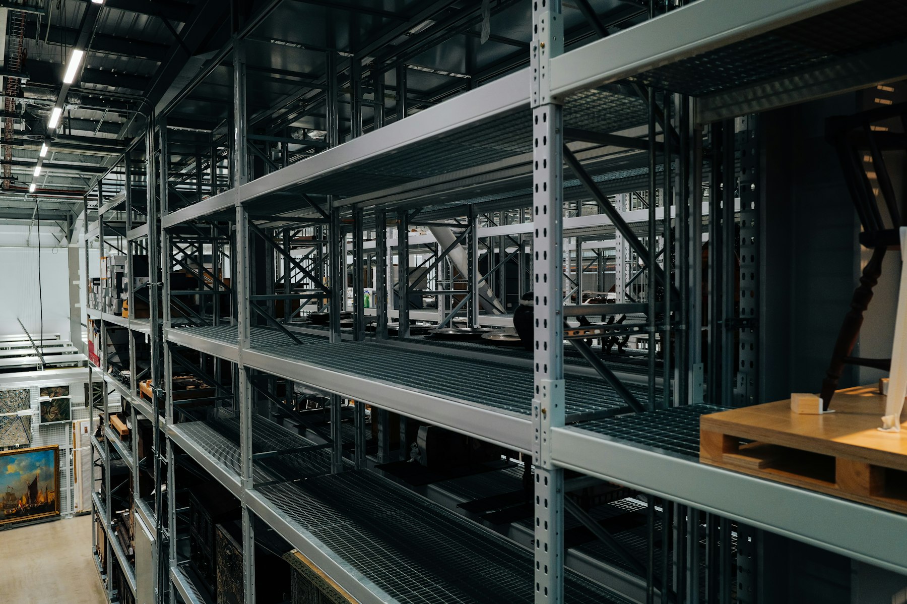 Industrial shelving racks holding stored goods
